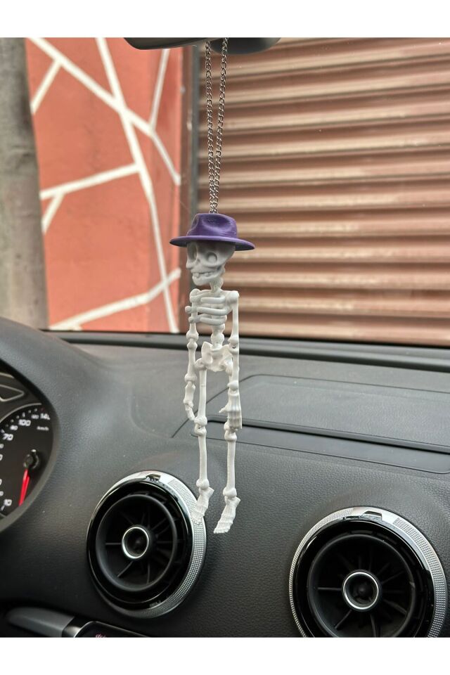 Fötr Şapkalı Iskelet Ayna Süsü( Beyaz Iskelet mor Şapka)
