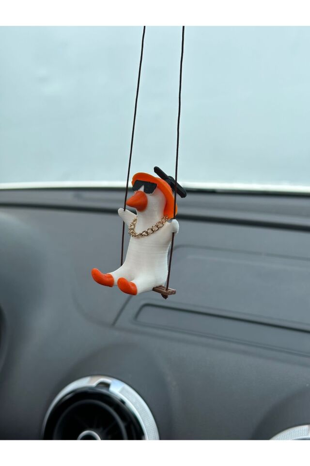 Altın Zincirli Gözlüklü Sallanan Şapkalı Ördek Yeni Trend Dikiz Ayna Süsü (beyaz turuncu )