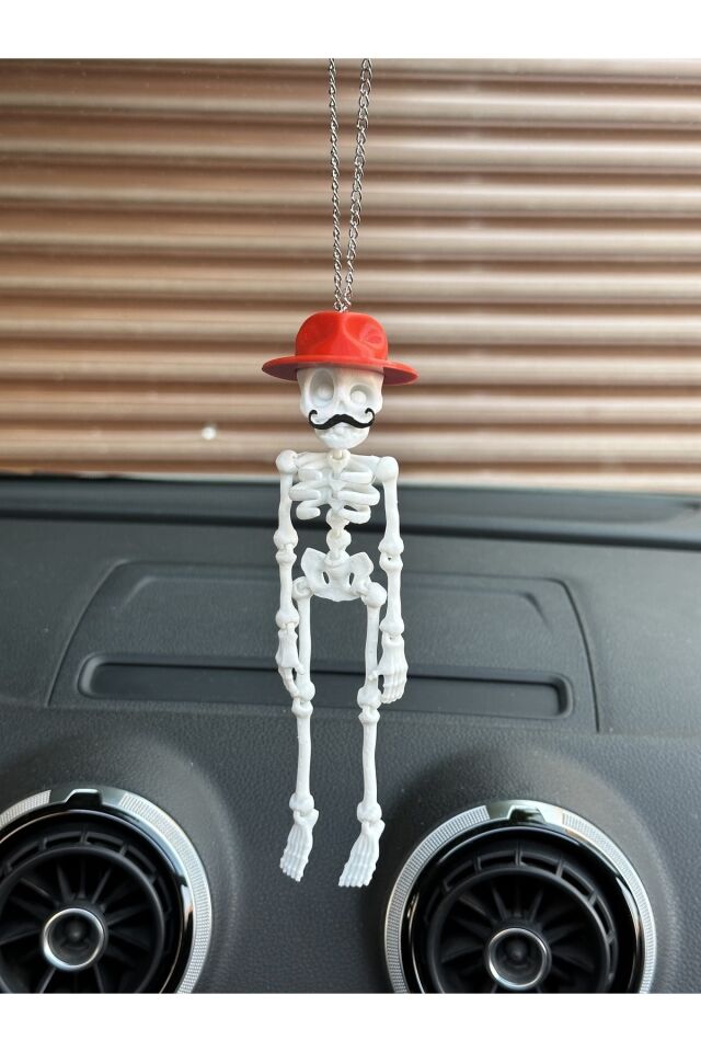 Ispanyol Bıyıklı Ve Fötr Şapkalı Iskelet Dikiz Ayna Süsü (şapka Kırmızı Iskelet Beyaz)