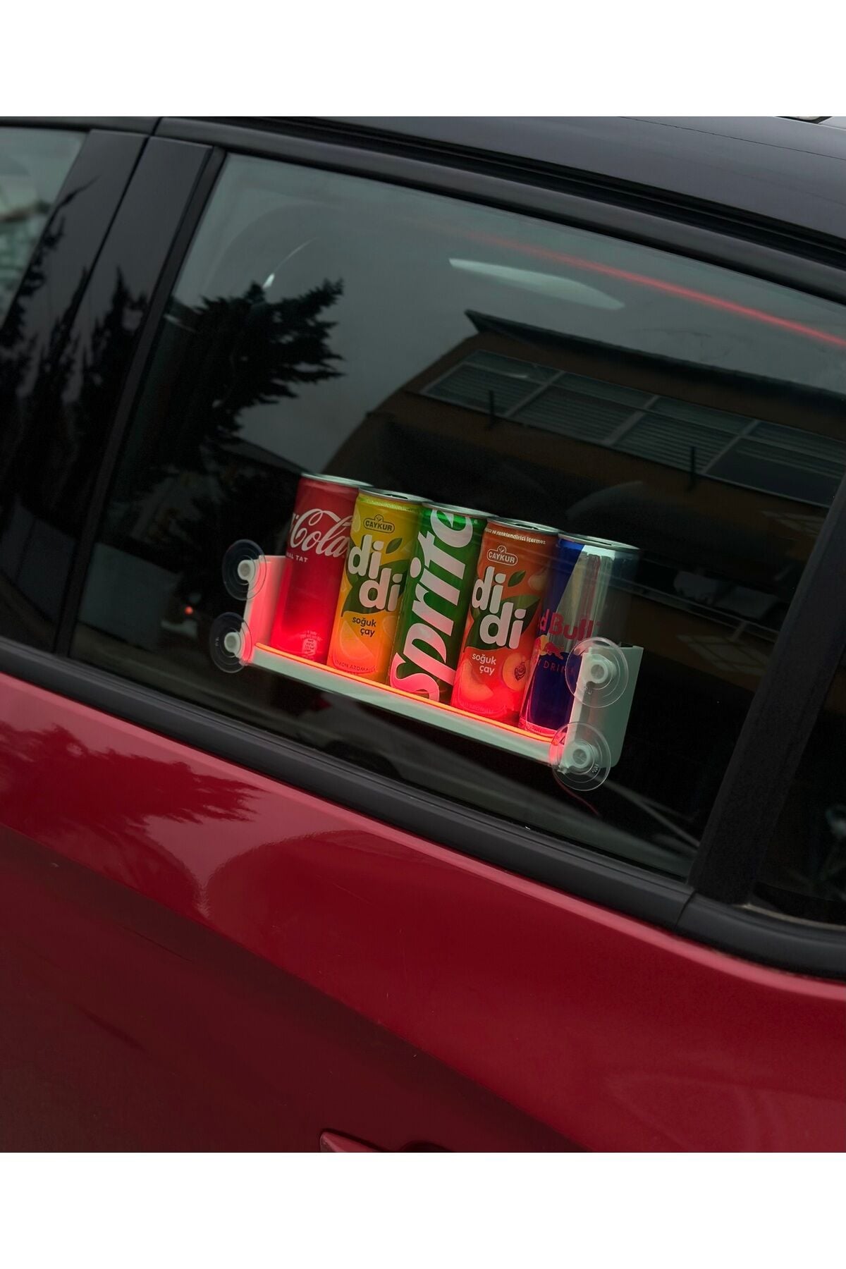 Işıklı (Neon led) Araç İçi Vantuzlu Dekor İçecek Stantı Kırmızı