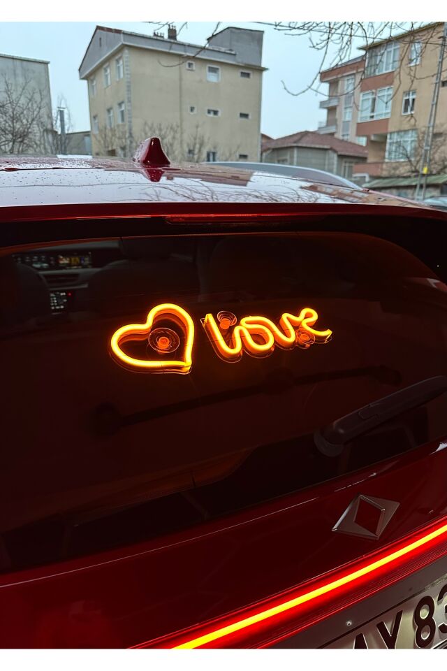 Araç içi neon led ışıklı dekor LOVE KALP (12 volt vantuzlu AMBER SARI)