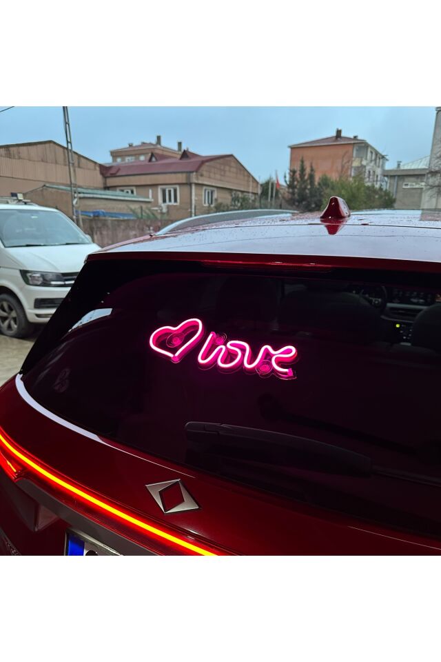 Araç içi neon led ışıklı dekor LOVE KALP (12 volt vantuzlu PEMBE )