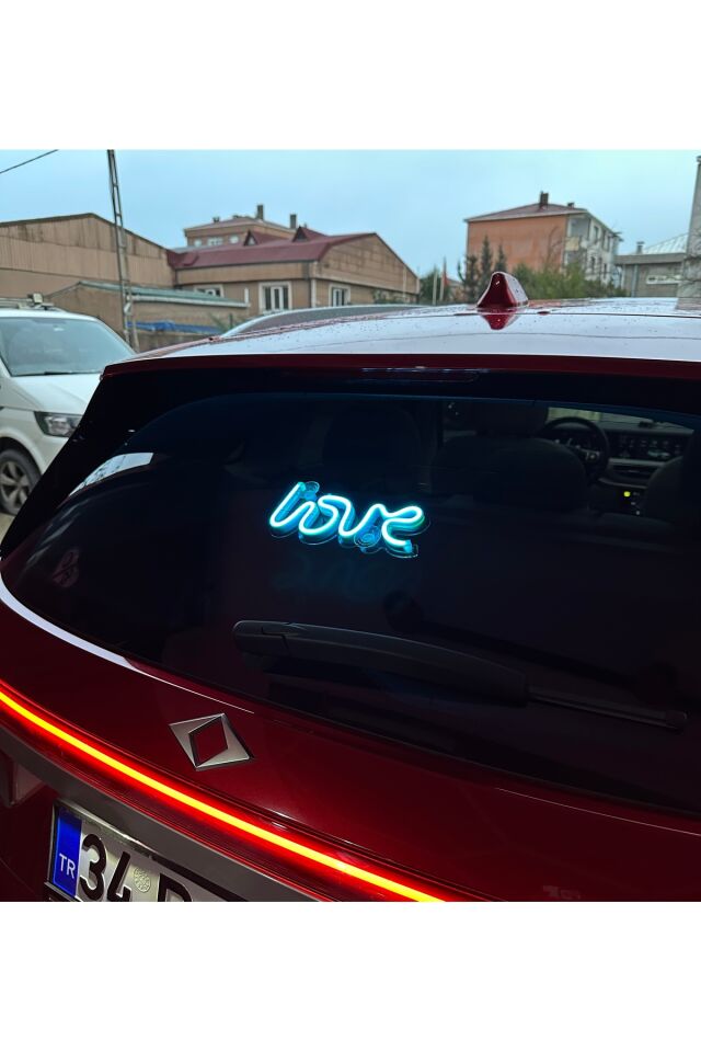 Araç içi neon led ışıklı dekor LOVE (12 volt vantuzlu BUZ MAVİ)