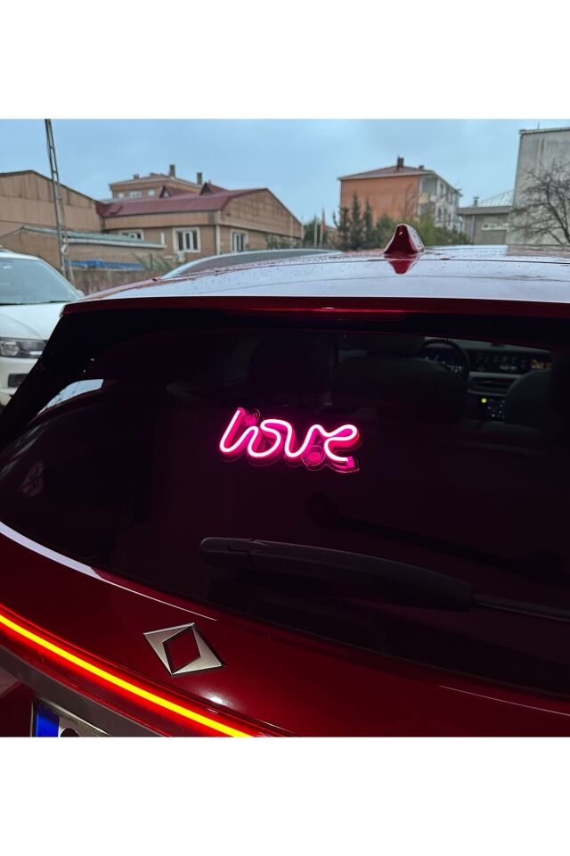 Araç içi neon led ışıklı dekor LOVE (12 volt vantuzlu PEMBE )