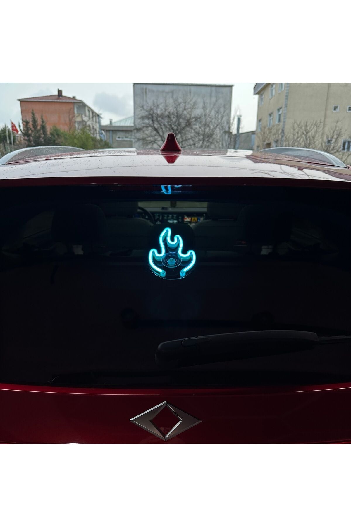 Araç içi neon led ışıklı dekor ATEŞ (Alev) (12 Volt Vantuzlu Buz Mavi)